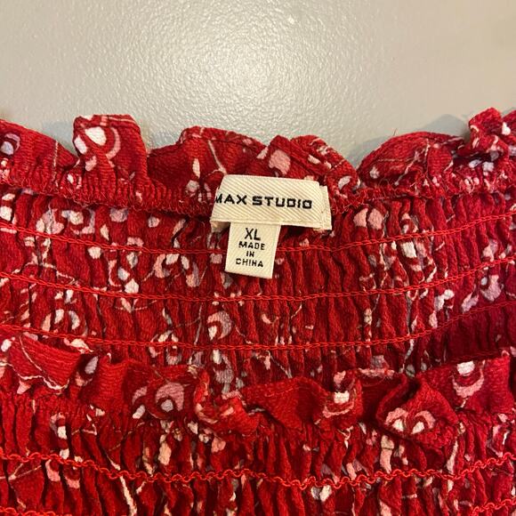 Max Studio Women's Size XL Red Floral Printed Smocked Peasant Square Neck Blouse - Picture 4 of 7